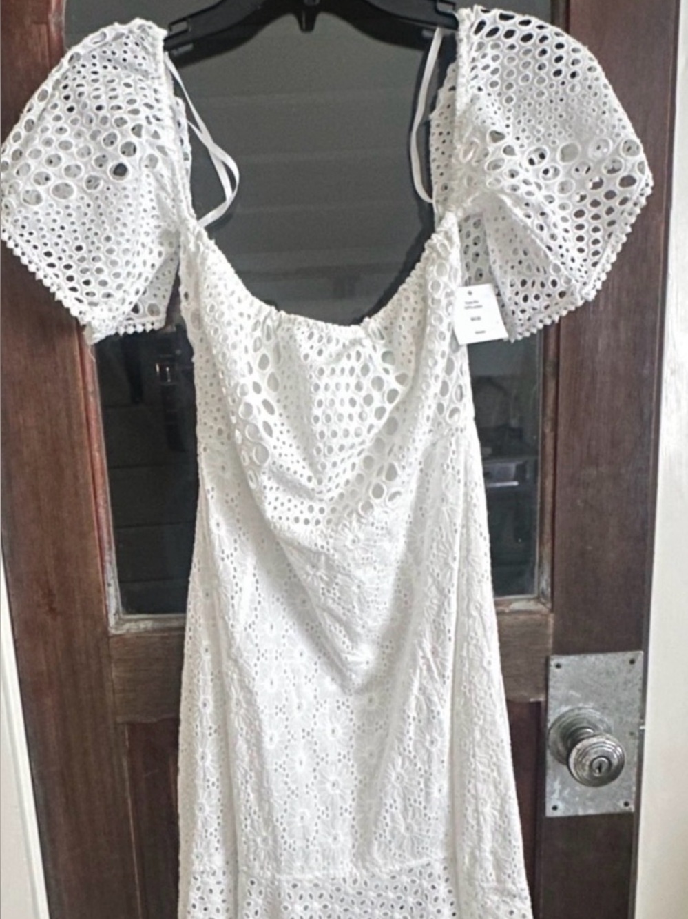 FARM Rio White Eyelet Puff-Sleeve Midi Dress